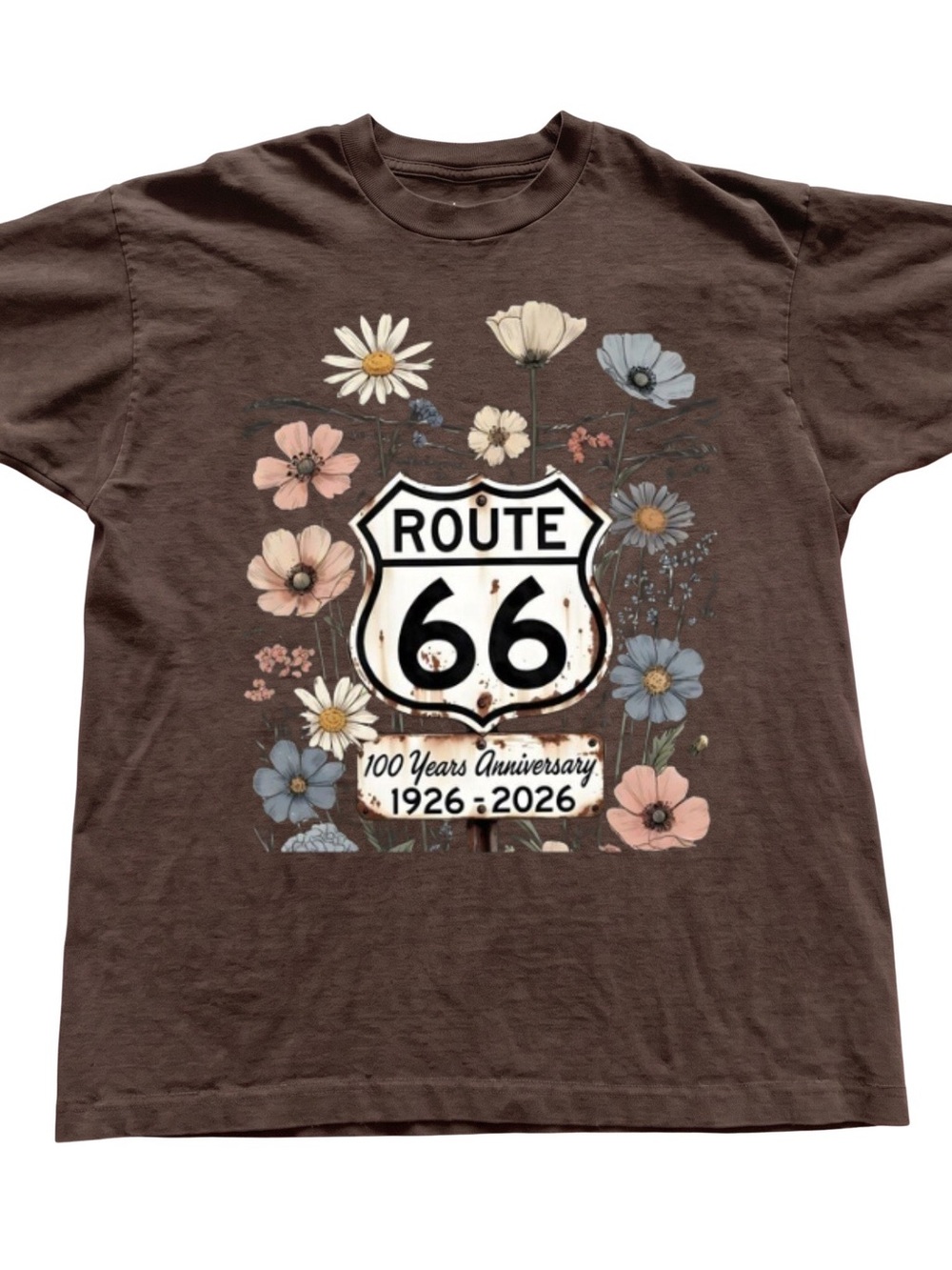 Gildan Brown Route 66 Floral Graphic Tee, Gift For Her, For Him